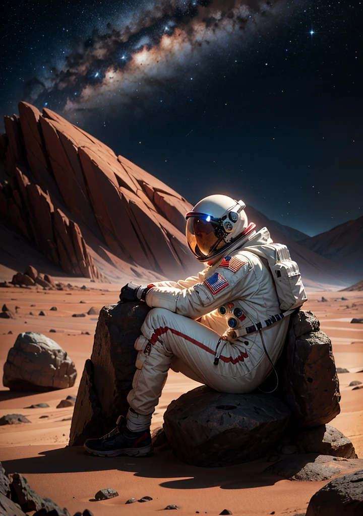 An astronaut is sitting and leaning against a large rock on the surface of Mars at night. The Martian landscape is bathed in the dim light of distant stars, and the red planet's barren, rocky terrain stretches out in the background. The astronaut's suit is illuminated by the faint glow of their helmet lights, and the scene has a peaceful, contemplative atmosphere under the vast, starry sky.