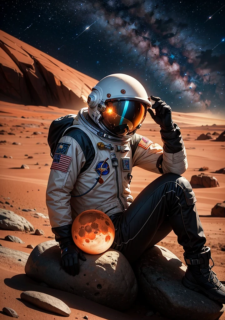 An astronaut is sitting and leaning against a large rock on the surface of Mars at night. The Martian landscape is bathed in the dim light of distant stars, and the red planet's barren, rocky terrain stretches out in the background. The astronaut's suit is illuminated by the faint glow of their helmet lights, and the scene has a peaceful, contemplative atmosphere under the vast, starry sky.