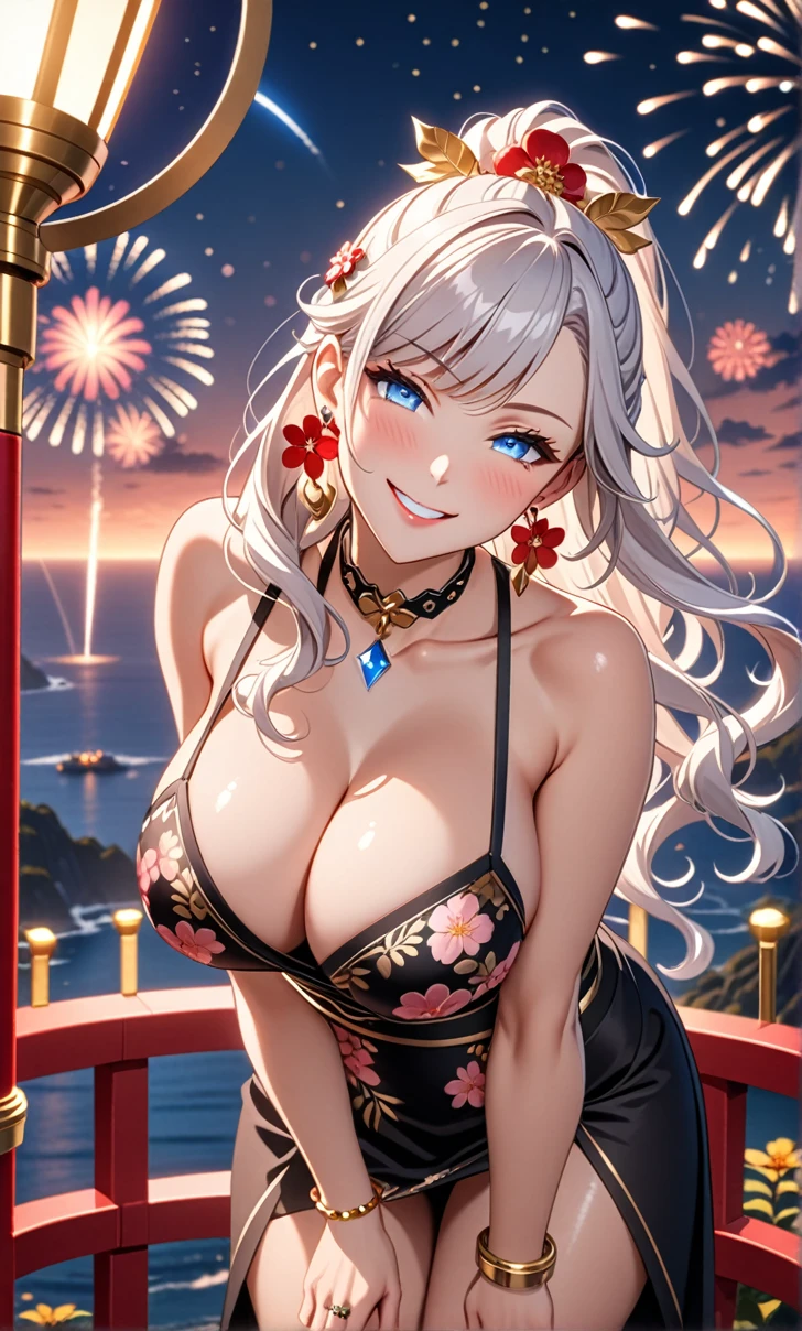 ultra-detailed, ((one girl)), in pastel white colors girl, hyper detailed, absurdres, 8K, fair skin, Beautiful Face, (Laugh shyly), ((teasing smile:1.8)), ((Wink:1.7)), (Laugh with your mouth wide open),((Tilt your head:1.6)), View your viewers, ((Bright red cheeks:1.6)),Glossy Red Lips, ((Big Breasts:1.5)), ((show off breast:1.4)), (erect nipples), Night view, firework, Observatory with a view of the sea, (Brighten your face), ((Anime style background)),masterpiece, Highest quality, so beautiful,Latest, Complex details, (Pink long nails), (nail art), (ring),(bracelet), (Floral Choker),AI-generated, Complex,High resolution, Highest quality, super high quality,3D Images、3D Images,One person,White long hair,(High Ponytail), (wavy hair:1.3), Monotone anime woman posing for a photo, ((Fine grain、blue eyes、glowing eyes:1.4)), (Squint your eyes:1.1),a hyperRealistic , hyperRealistic , Realistic,Anime woman with long white hair, Smooth anime CG art, A girl in a gorgeous black kimono, Kimono with gold embroidery, ((undressing)), ((black furisode)), (Large floral pattern) ,Long flower hair ornament,Floral Earrings,Mature Body, tall,Abdominal muscles,Tight waist, ((leaning forward:1.5)), (front view),