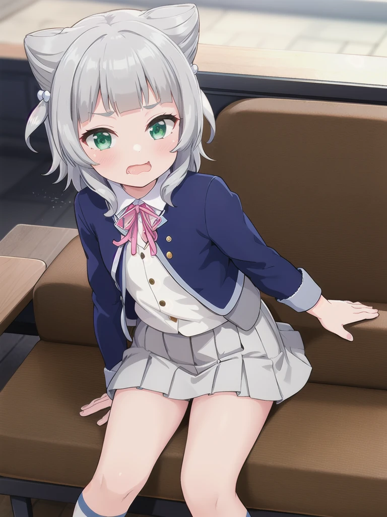 1girl, Green Eyes, Grey Hair, hair ornaments, Animal ears, Small breasts,uniform,Navy Blue Blazer,White shirt,Pink ribbon,Grey Skirt,No underwear,{{1 Boy,Cunnilingus}},