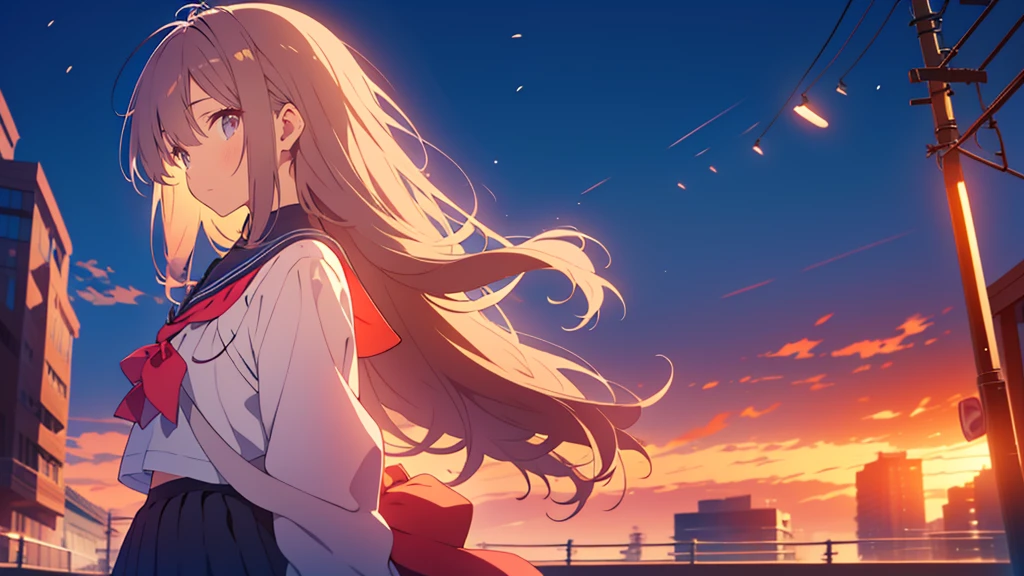 bangs, Long Hair, Hair above the eyes, Lost in Thought, Side Ponytail, Anime Style, 超High resolution, masterpiece, Textured skin, High resolution, Highest quality, High school girl standing on a street corner, in the evening,
