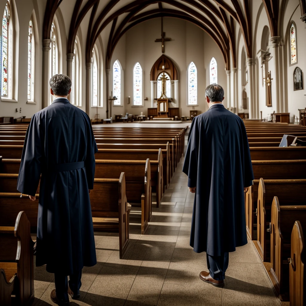 a man in a large church talking to a priest