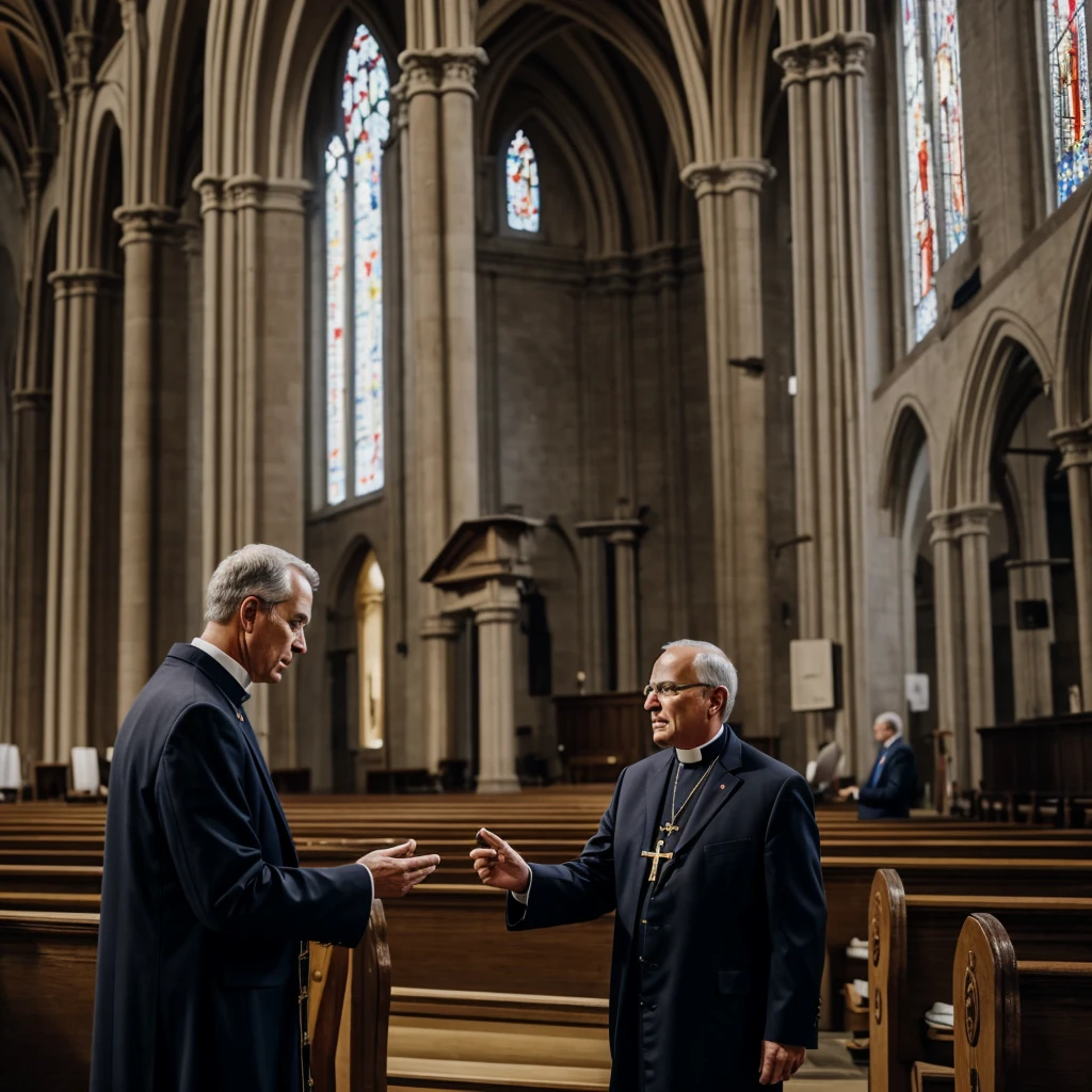 a man in a large church talking to a priest 