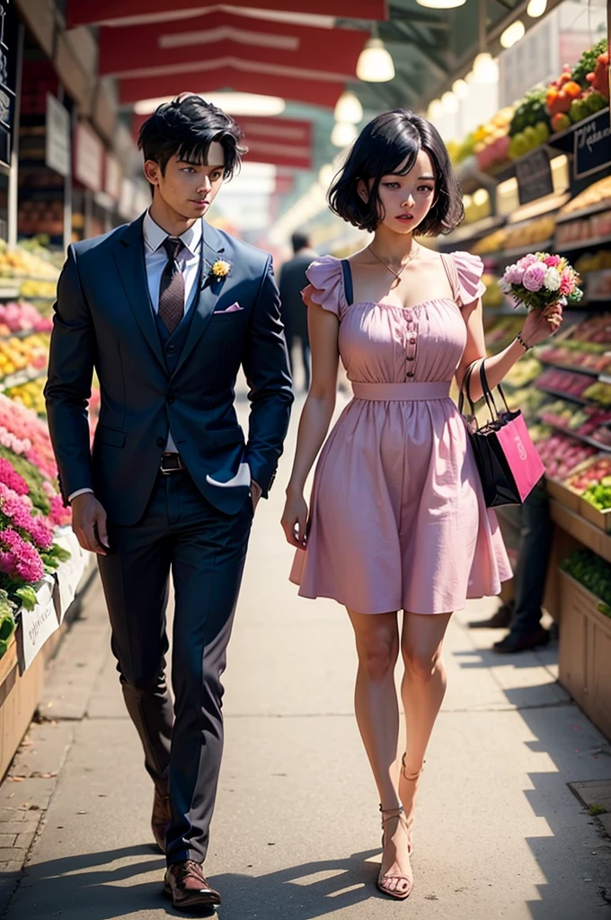 Lena with short dark blue hair wearing a pink dress with flowers and Sanji in a suit looking at her in the market shopping
