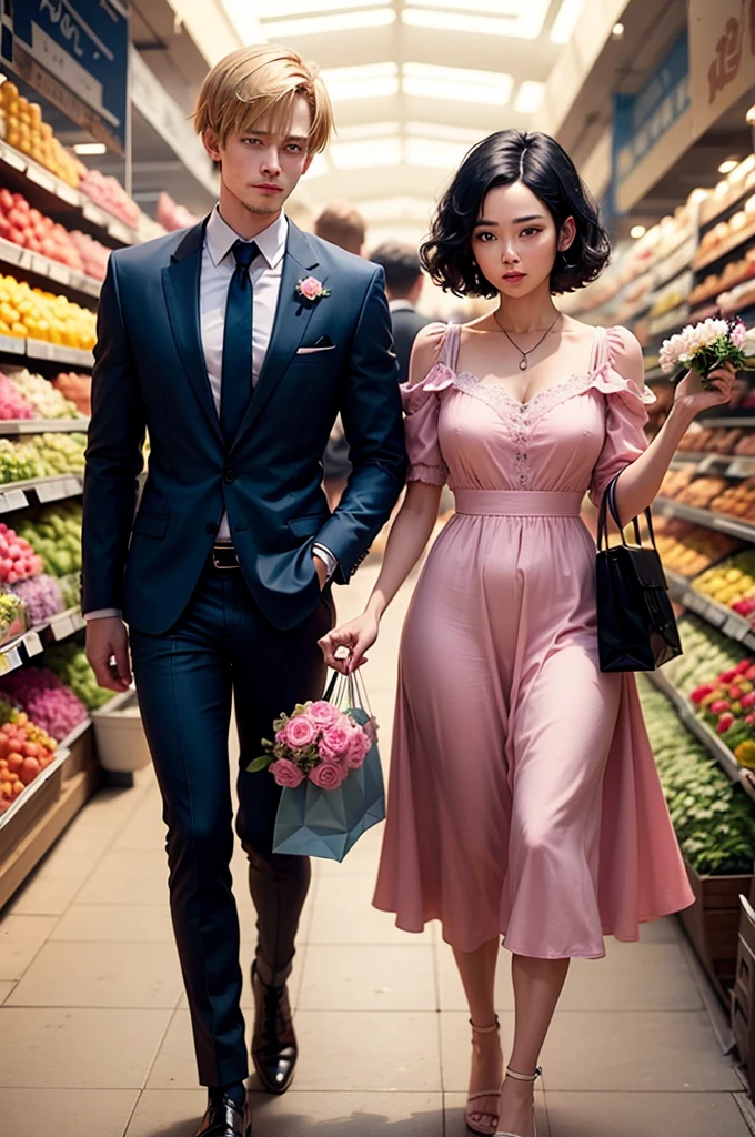 Lena with short dark blue hair wearing a pink dress with flowers and Sanji in a suit looking at her in the market shopping