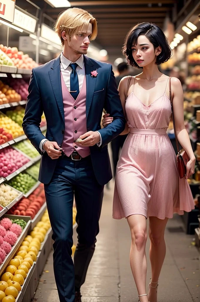 Lena with short dark blue hair wearing a pink dress with flowers and Sanji in a suit looking at her in the market shopping