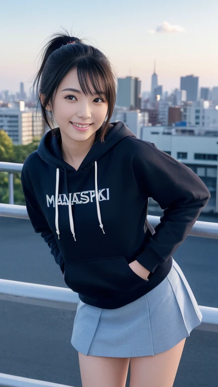 (masterpiece:1.3), (8K, Photorealistic, RAW Photos, Best image quality: 1.4),20 year old cute Japan woman、(Medium Hair)、(ponytail)、(Perfect body)、(Perfect proportions)、Super detailed face、double eyelid、Sharp focus:1.2、Jet Black Hair、Straight Hair､Highest quality、masterpiece、Ultra-high resolution、(Photorealistic:1.4)、(hoodie)、(Flared mini skirt)、whole body, Long legs、Highly detailed face, Beautiful Eyes, double eyelid､Are standing､sunny、Bend over and peer at me、smile、Tokyo cityscape、Outdoor、blue sky