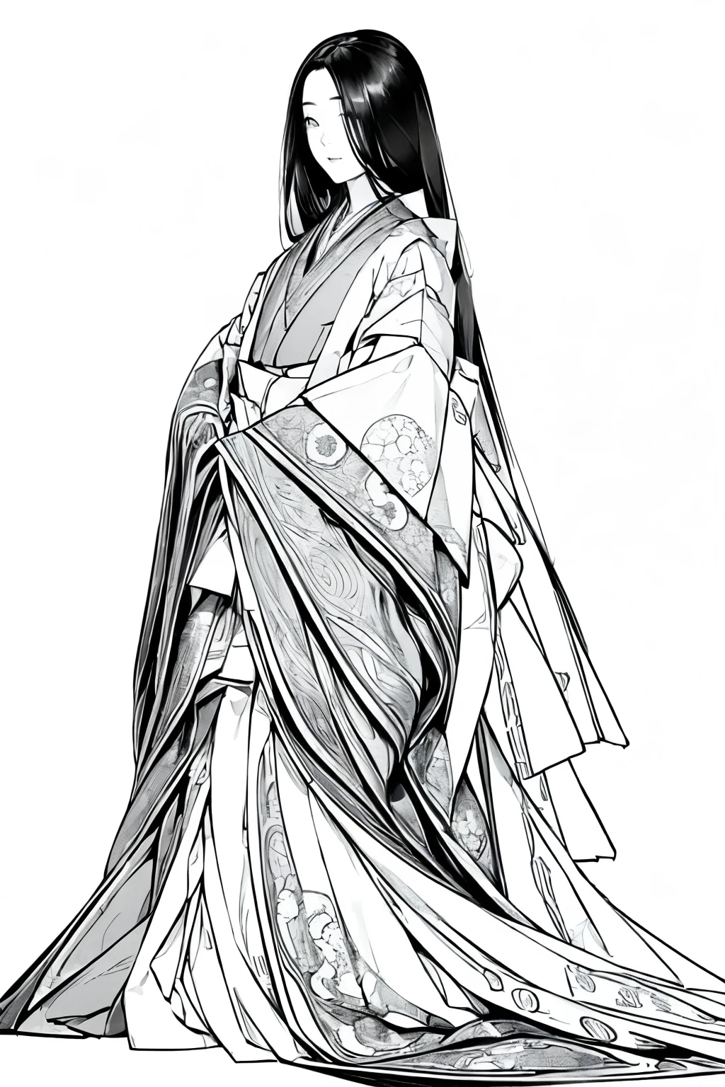 (Line art:1.4)、Monochrome、(No solid paint:1.4)、sketch、(Highest quality, masterpiece, High resolution:1.4)、(4k art)、detailed, Intricate details, One young woman、Twelve-layered kimono、whole body、alone、from the front、From diagonally ahead、Beautiful Face、(Very long beautiful hair:1.2)、Tang Yi、Court Crests、skirt、海賦紋のskirt、(An accurate depiction of an open fan:1.2)、Tang Yiの襟の正確な描写、An accurate depiction of the five-piece chest garment、(An accurate depiction of the five-piece sleeves:1.2)、(An accurate depiction of the five-layered garment:1.2)、(Long hakama:1.2)、
(White Background)、