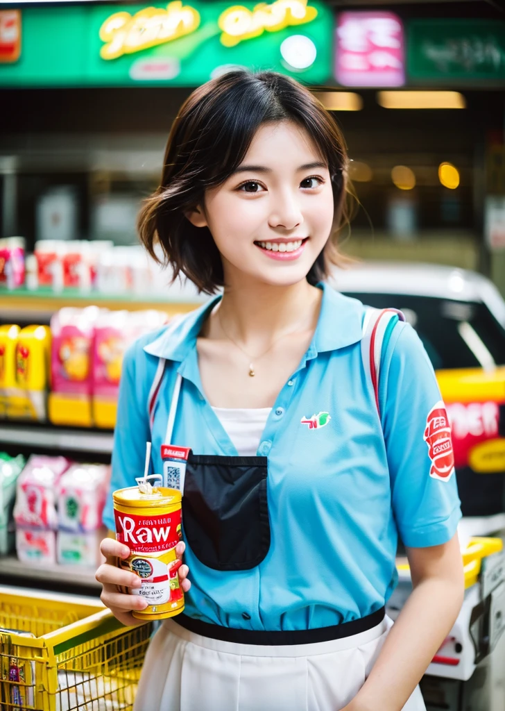 （Realistic, photo-Realistic:1.37),(8K, RAW Photos, Highest quality, masterpiece:1.2), cute, Ultra-detailed, 超High resolution, Kodak Vision Color, Filmed with an Arricam LT camera,Highest quality, Lively, 8K, High resolution, 1 girl, Escape, (Professional Lighting), (Portraiture:0.6), Black Hair, (Medium Hair）,22 years old、convenience store、clerk、Convenience store uniforms、Arrange the products、smile、