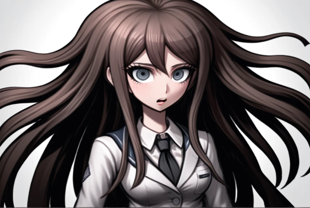 Woman, violent, elegant design, long hair,content expressions, danganronpa style, thick lines, full-body portrait, detailed eyes, close-up, 