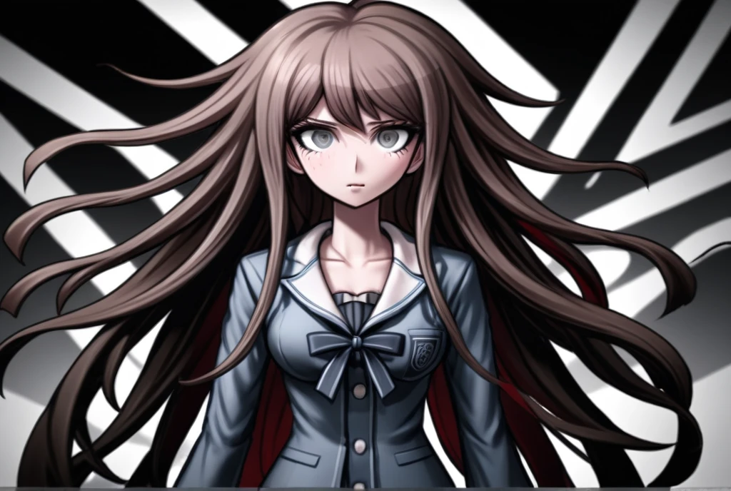 Woman, violent, elegant design, long hair,content expressions, danganronpa style, thick lines, full-body portrait, detailed eyes, close-up,