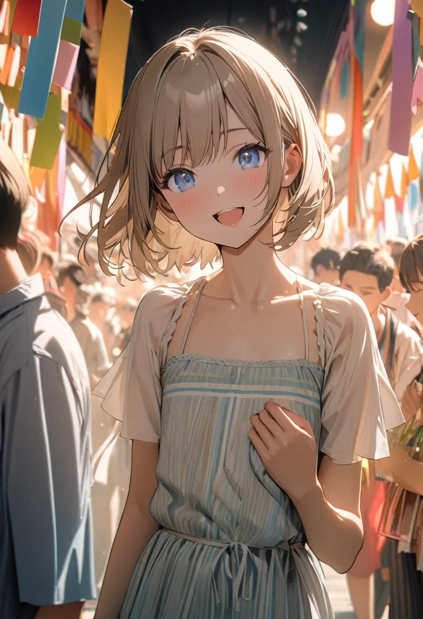 1 girl, 18yo, (flat chest: 1.5), blue eyes, light brown hair, bob cut, summer outfit, smile, open mouth, tanabata festival, large shopping arcade, Tanabata decorations, lots of Tanabata streamers, crowds in the background, upper body, 8k, RAW photo, best quality, masterpiece, extremely detailed 8k wallpaper, ultra-detailed, best shadow, detailed background, beautiful detailed face, beautiful detailed eyes, nice hands, perfect hands