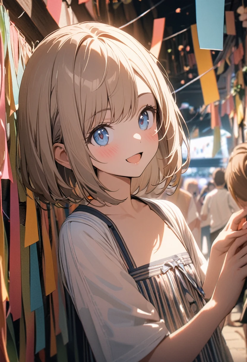 1 girl, 18yo, (flat chest: 1.5), blue eyes, light brown hair, bob cut, summer outfit, smile, open mouth, tanabata festival, large shopping arcade, Tanabata decorations, lots of Tanabata streamers, crowds in the background, upper body, 8k, RAW photo, best quality, masterpiece, extremely detailed 8k wallpaper, ultra-detailed, best shadow, detailed background, beautiful detailed face, beautiful detailed eyes, nice hands, perfect hands