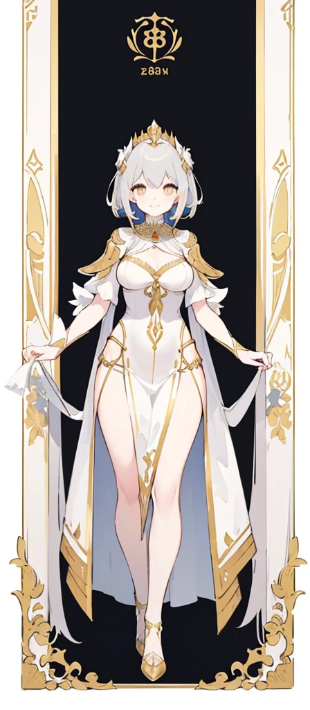 a beautiful long gray-haired girl wearing an elaborate egyptian queen's costume, sexy white egyptian dress with colored striped fabric hem, beautiful slim thighs, full body view, short hair, pinky eyes, in the style of an egyptian golden cat, white background, photorealistic, 8k, high quality, detailed, vivid colors, dramatic lighting, Wearing high gold shoes, cute face is obvious, (blank white background with no other objects) Slim body, Standing straight pose, both free hand poses (smile