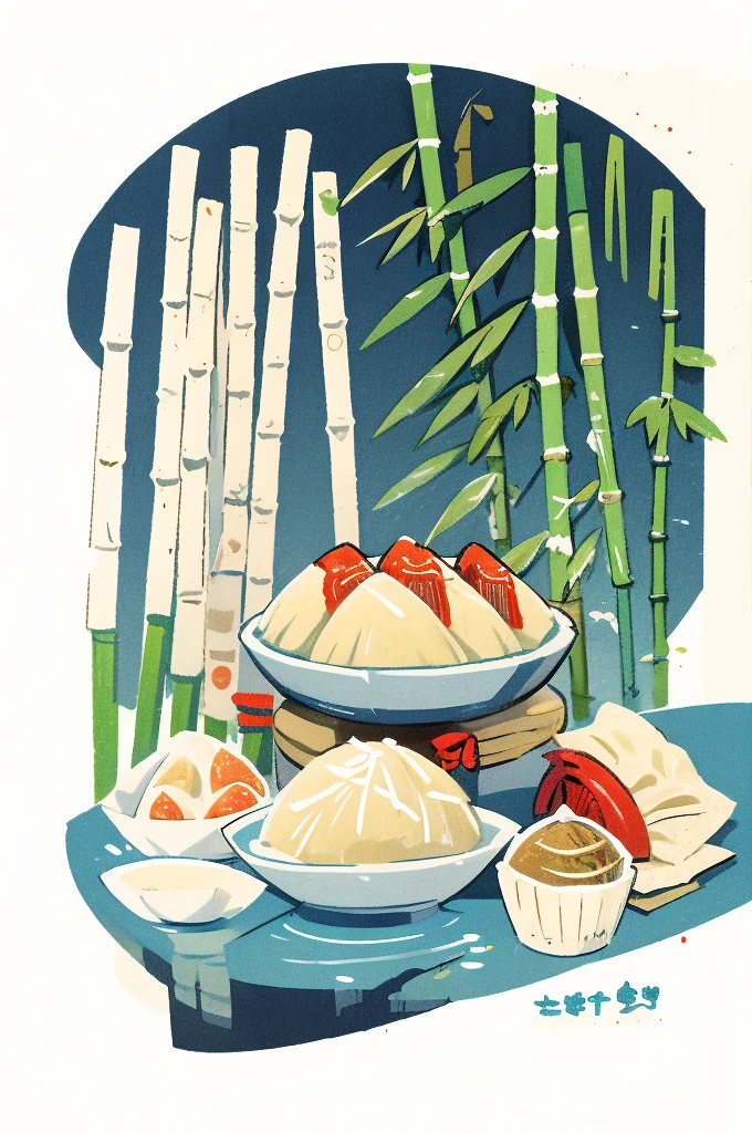 Illustration: simple woodblock printing style ,  Chinese food, pork dumplings, served in a bamboo steamer filled with plenty of water.