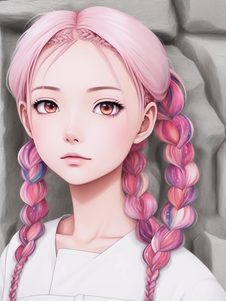 (lineart:1.2), kawaii, tenebrism, Encaustic, apocalyptic, Dreamworks, hypomorphic, 
1girl, wearing food scientist outfits, (color splash hair, multiple braids hair:1.36), Various postures, frown, wet, 
 front view , in the (monolith:1.4), 
Unsplash,
spring,
dawn,, best quality, beautiful and delicate lips, delicate fingers, detailed pupil, illustration, manga, anime, 2D, paintings, sketches, NaturalHand2-3500, white hair, pink overalls