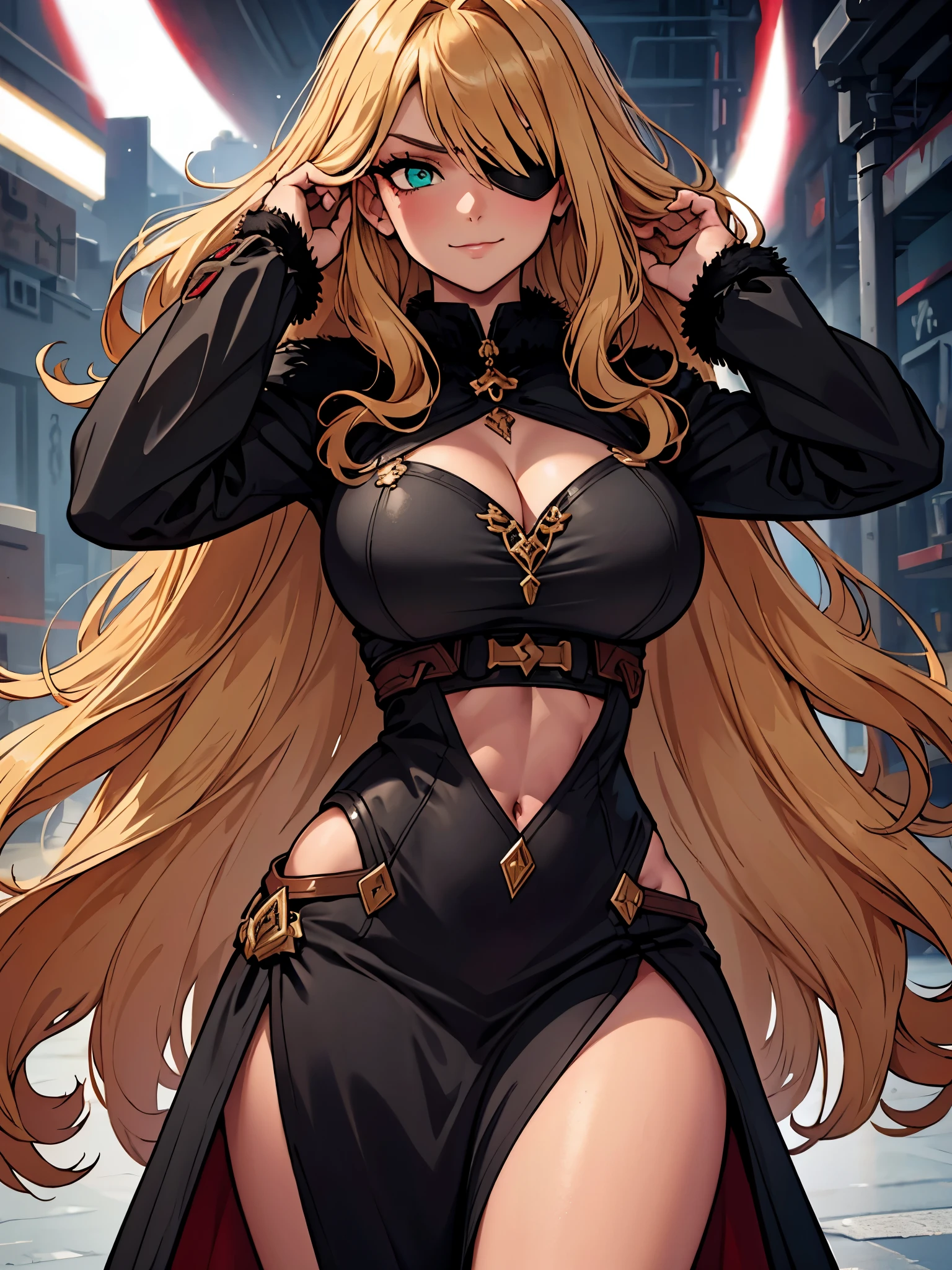 ((masterpiece)), ((best quality)), 1girl, adult, long hair, big bust, ((blonde hair)), very long blonde hair, ((intimidant look)), ((close-up)), profile image, green eyes, black and red clothes, sexy, dark colors, brillant eyes, ((coat with fur)), ((wavy hair)), exposed skin, ((sexy pose)), ((intimidant look)), good anatomy, ((dark sage clothes)), ((straight cut bangs)), emotionless, intimidant, ((beautiful eyes)), dark background, close up, ((detailed eyes)), beautiful eyes, ((detailed face)), hair bang, frontal look, evil, relaxed, smile, magical goddess othinus, abs, detailed face, eyepatch, huge tits, full body, ((detailed))