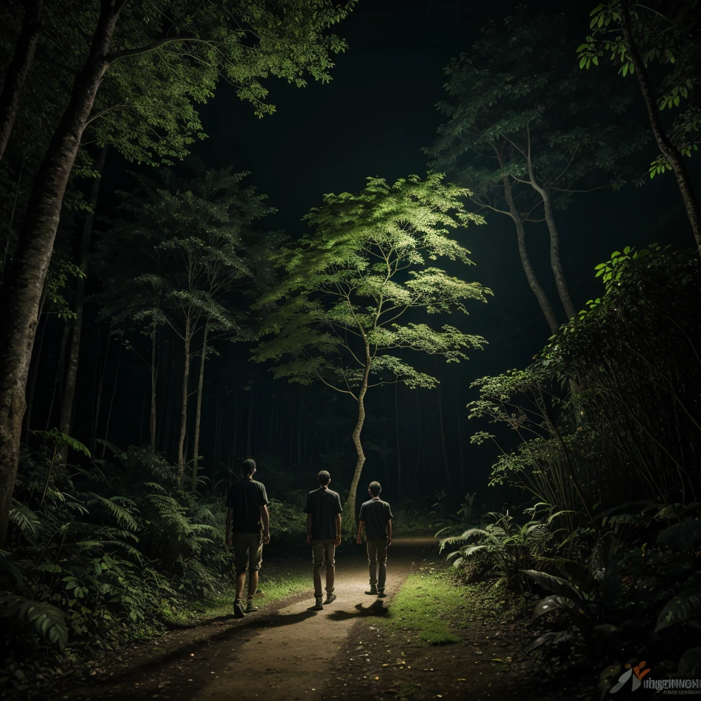 8 years boy and 25 years old young man walking in jungle,see tree in goblin shadow in night, high quality, high resolution,8k details including