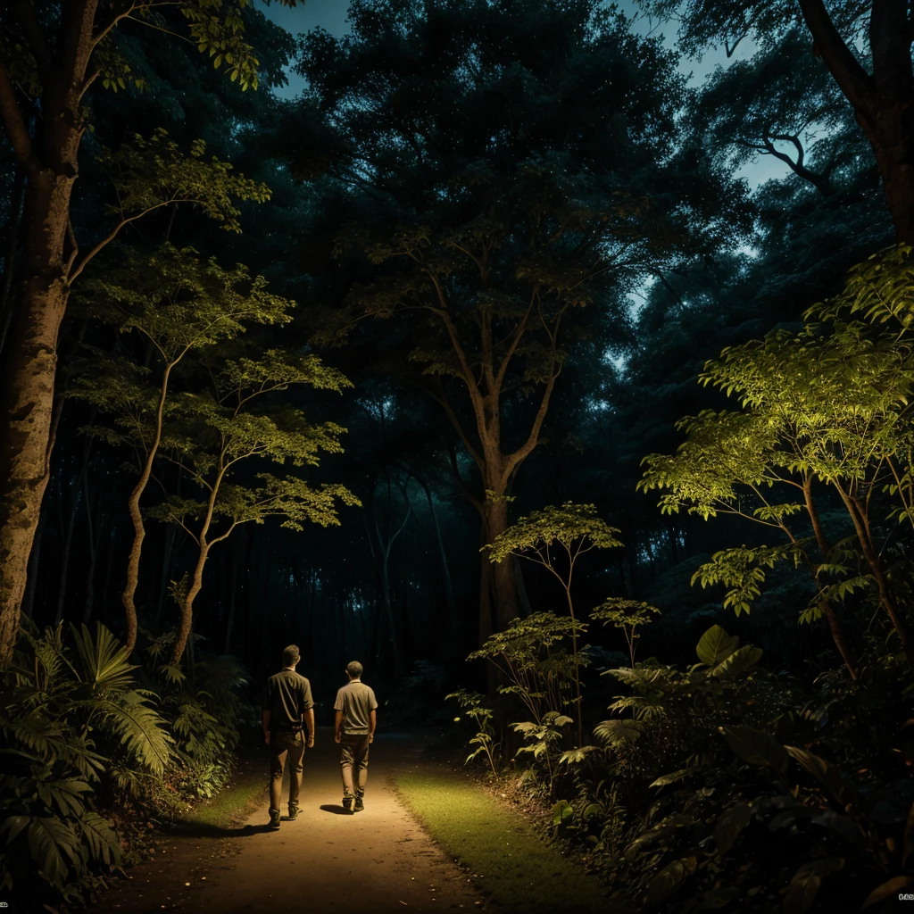 8 years boy and 25 years old young man walking in jungle,see tree in goblin shadow in night, high quality, high resolution,8k details including