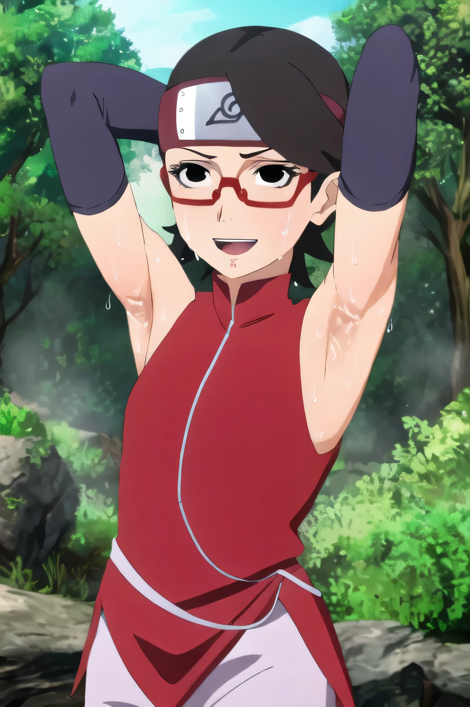 absurdres, high quality, forest, standing, 1girl, forehead protector, konohagakure symbol, (red-framed eyewear), happy, short hair, black eyes, bare shoulders, red dress, (pelvic curtain:0.9), arm warmers, (white shorts:0.9) armpits,sweat,sweaty,sweaty armpits,awesome armpits,arms raised,black arm warmers,red rimmed glasses