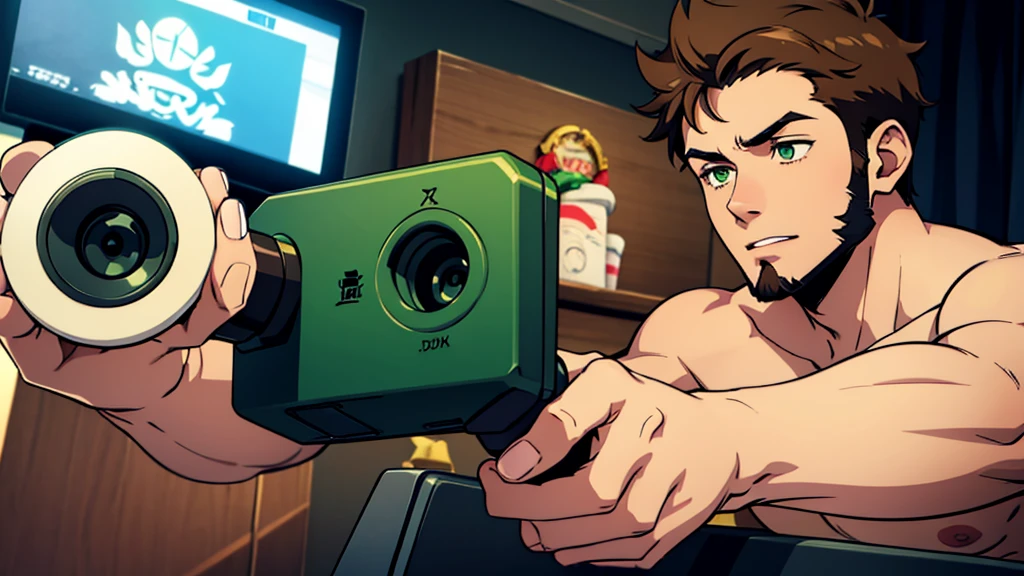 A young  man with a thin beard with a cute look, slight body, green eyes, light brown hair, playing vidoegame, holding joysticks