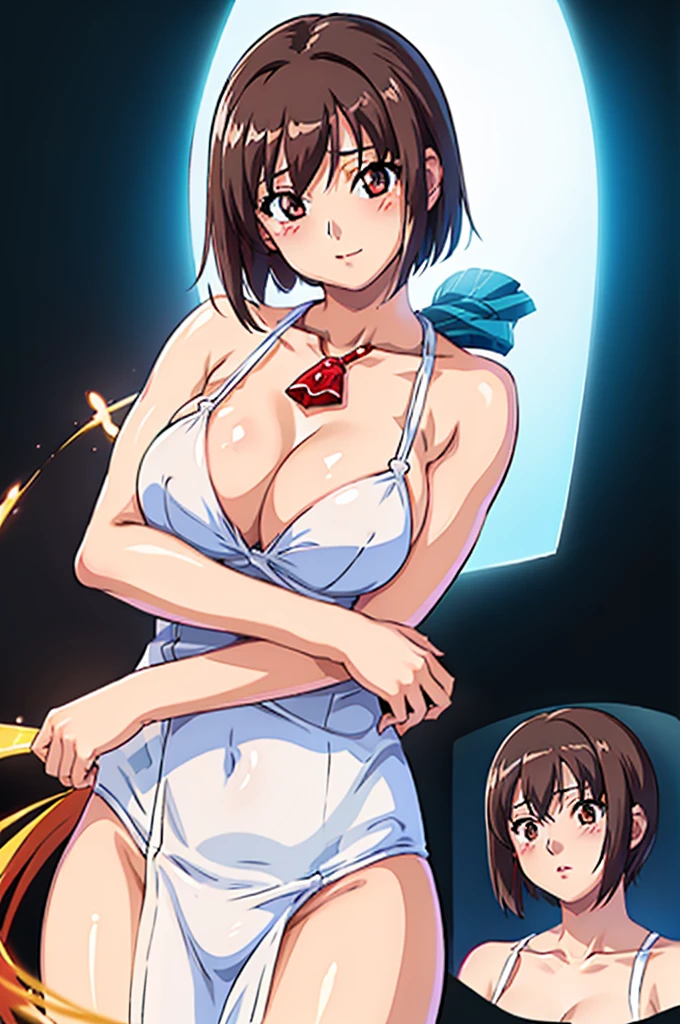 (masterpiece, Highest quality, Anime screenshots:1.5, High resolution, 8K, Realistic), 1 female, Mature Woman, 前hair, brown_hair, length_hair, Red eyes, lipstick, Compensate, blush, Huge breasts, Cleavage, White micro bikini, Raise your arms back, Upper Body, (perfection解剖学, perfection, Shiny skin, beautiful hair, Beautiful Face, Beautiful Eyes, Beautiful breasts), (Thick outline, Black outline), sunlight, Beach,,((Browsing Caution))