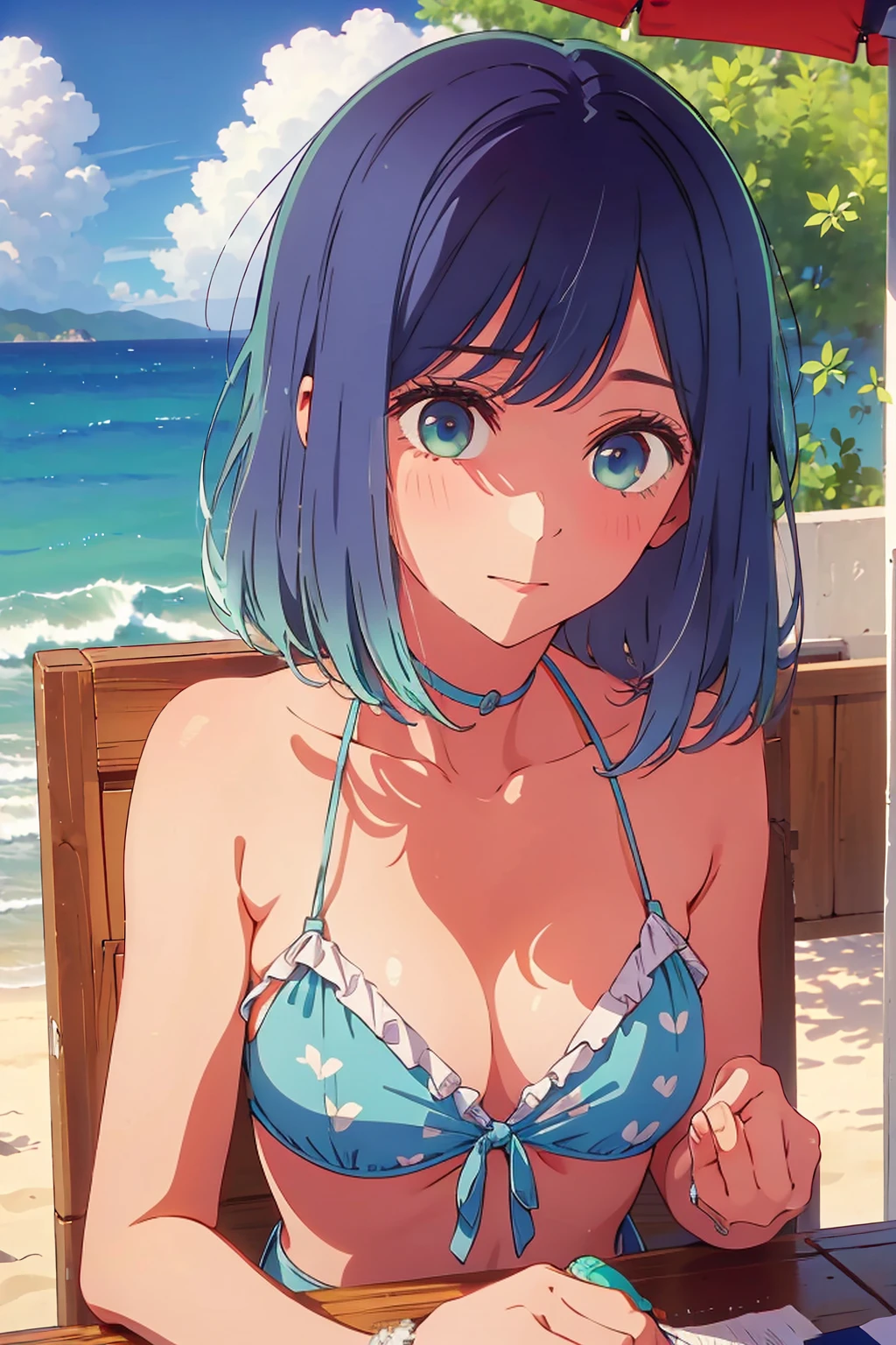 (Highest quality:1.4、masterpiece:1.4、Super detailed:1.4、8K:1.4)、((((1 person、Surprised expression、sit、Outdoor café terrace、coastal、juice、table、Sandy Beach、juiceのグラスを持つ、Big eyes、Plain Bikini、The depth of the written world、Very soft breasts、Very cute face))))、F cup bust、Medium breast