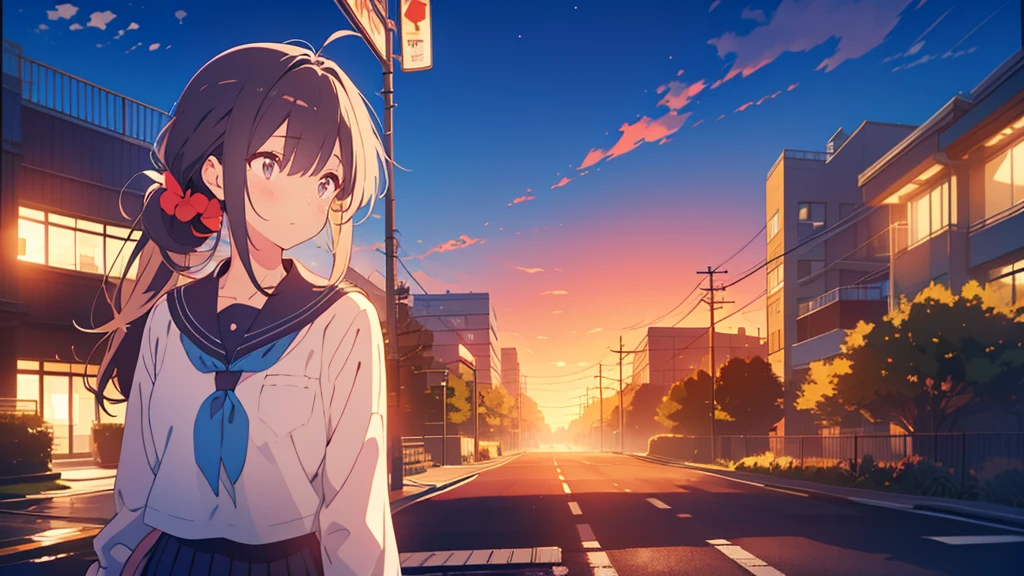 bangs, Long Hair, Hair above the eyes, Lost in Thought, Side Ponytail, Anime Style, 超High resolution, masterpiece, Textured skin, High resolution, Highest quality, High school girl standing on a street corner, in the evening, 