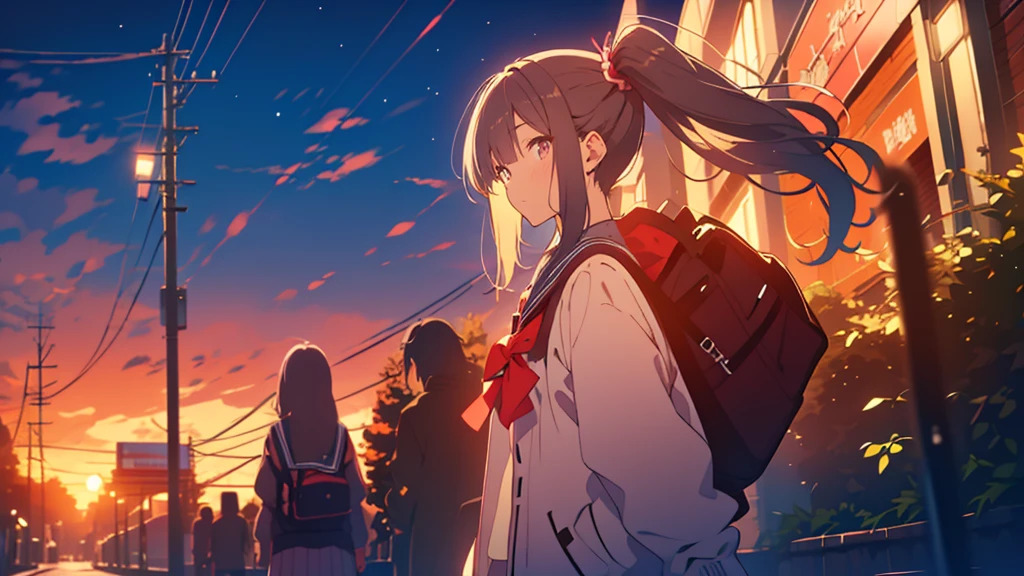 bangs, Long Hair, Hair above the eyes, Lost in Thought, Side Ponytail, Anime Style, 超High resolution, masterpiece, Textured skin, High resolution, Highest quality, High school girl standing on a street corner, in the evening,