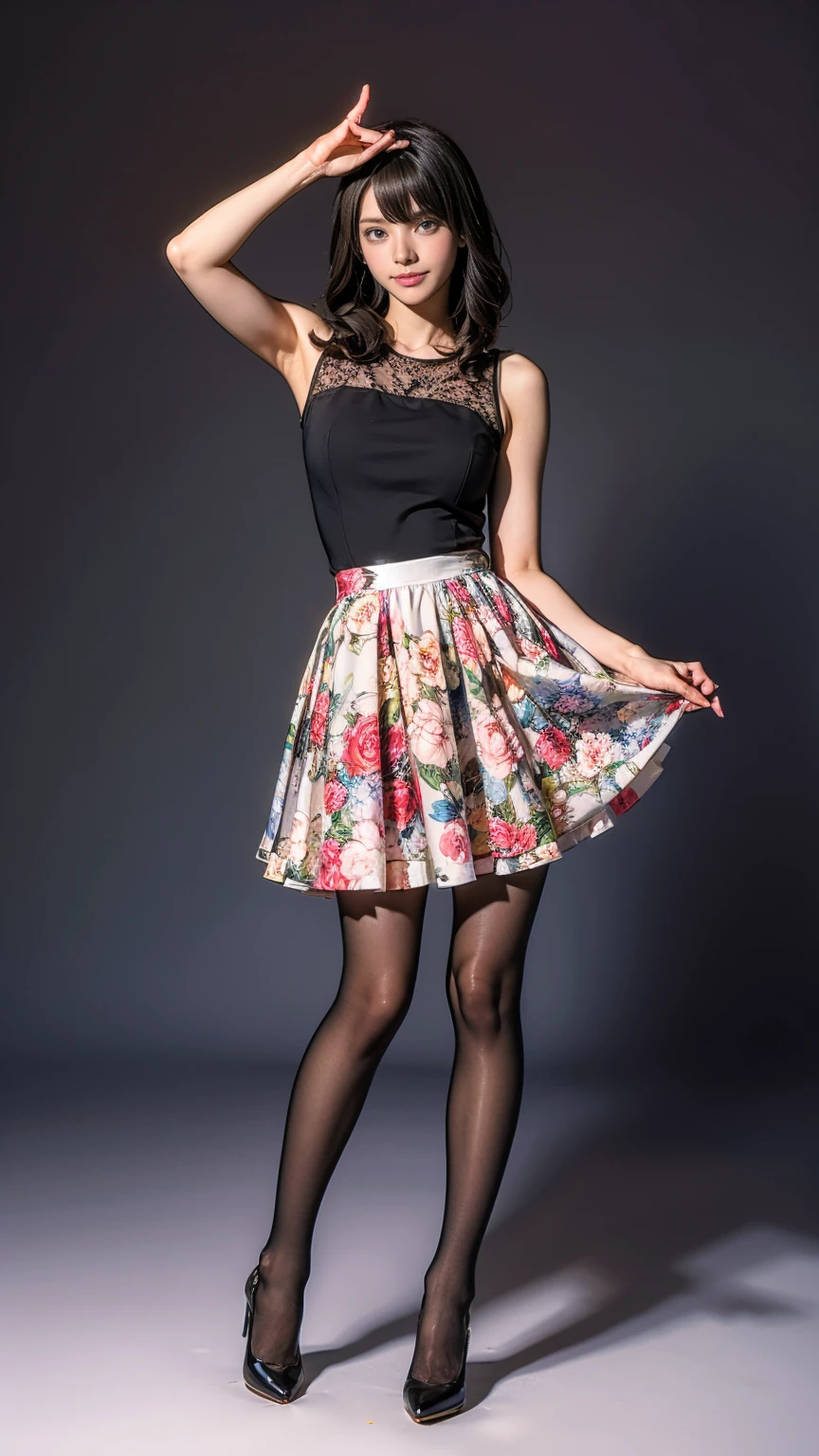 ((masterpiece)),(((Highest quality))),Thin thighs,Long legs,whole body:1.5，(One Girl:1.3),(Black pantyhose and thick pointy heels：1.3),(Wearing a floral mini flare skirt dress:1.2),Short Blonde:1.2、Model pose，high waist:1.5、Standing with legs apart:1.5，Raise your hand horizontally and make a cute pose with your index finger up:1.5，