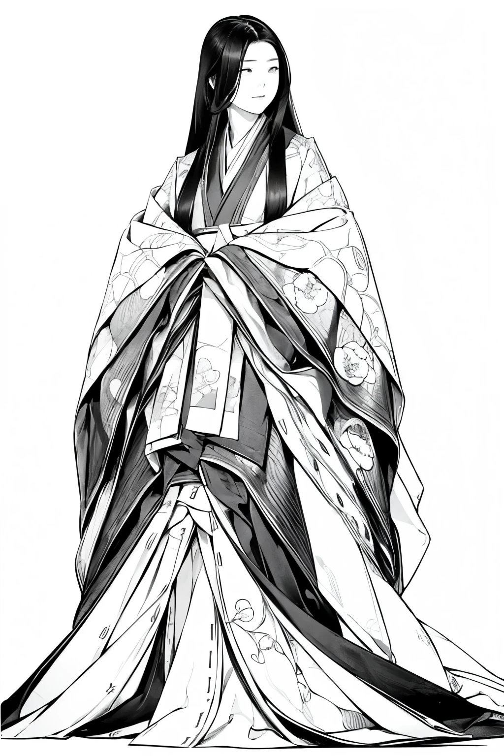 (Line art:1.4)、(Draw only with lines:1.2)、Monochrome、(No solid paint:1.4)、sketch、(Highest quality, masterpiece, High resolution:1.4)、(4k art)、Detailed, One young woman、Twelve-layered kimono、whole body、alone、from the front、From diagonally ahead、Beautiful Face、(Very long beautiful hair:1.2)、(Straight Hair:1.2)、Tang Yi、Court Crests、skirt、海賦紋のskirt、(An accurate depiction of the fan:1.2)、Tang Yiの襟の正確な描写、An accurate depiction of the five-piece chest garment、(An accurate depiction of the five-piece sleeves:1.2)、(An accurate depiction of the five-layered garment:1.2)、(Long hakama:1.2)、
(White Background)、
