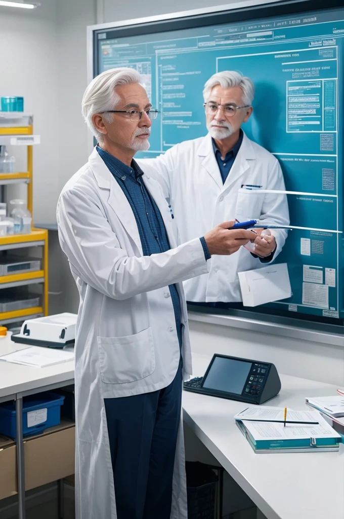 Here’s the detailed prompt for generating an image based on your specifications:
- A research setting.
- An elderly male scientist with white hair.
- The scientist is a PhD.
- A whiteboard is present in the scene.
- The whiteboard is covered with lots of writing.
- The scientist is actively engaged, possibly pointing at the whiteboard or holding a marker.
- The background includes elements typical of a research lab, such as bookshelves, laboratory equipment, or papers.