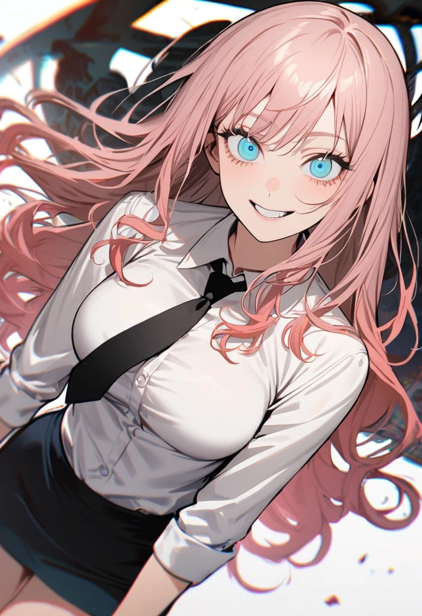 1 girl in chainsaw man style, long wavy hair, light pink hair, hair with blue tips, multicoloured, light blue eyes,white blouse with a black tie,(breasts a little big),black short skirt, Grinning (dentes pontudos), dynamic angle, White background
