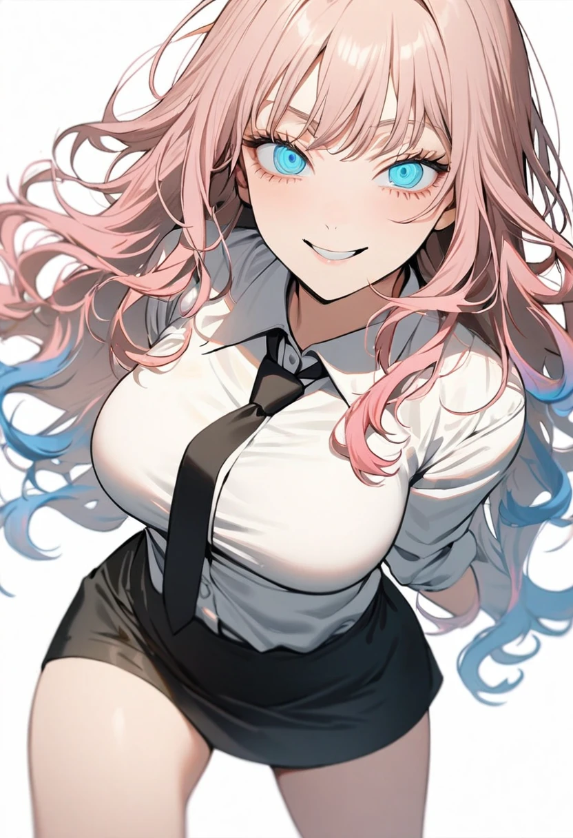 1 girl in chainsaw man style, long wavy hair, light pink hair, hair with blue tips, multicoloured, light blue eyes,white blouse with a black tie,(breasts a little big),black short skirt, Grinning (dentes pontudos), dynamic angle, White background