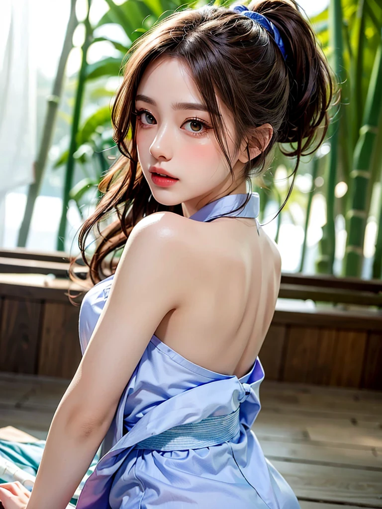 masterpiece, best quality, extremely detailed CG unity 8k wallpaper, Wearing a detailed and high-definition purple yukata。lips, Open_mouth, Realistic, photograph_\(Moderate\), alone, (masterpiece),(photographRealistic:1.3), Very detailed, (Skin with attention to detail:1.2),(Highest quality:1.0), (Ultra-high resolution:1.0), Beautiful long hair tied in a ponytail, (Beautiful and detailed makeup), (Sexually excited、Blushing、breathing becomes rough:1.0), Looking back from a rear angle。The background is a bamboo forest with many strips of paper.。