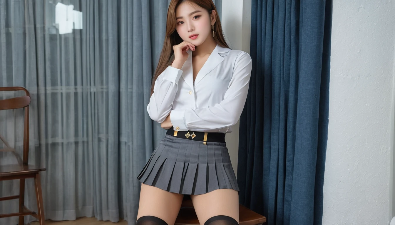 /(Front focus), /(Front view,), /(Focus on girl,), A beautiful girl, high school student, sitting on a chair, beside the window, lustfully lifting up her skirt with her hands while looking at the viewer in a flirtatious and horny way, touching her crotch over her clothes, caressing her legs with one hand, closing her eyes, moaning, leaning against the back of the chair, breathing heavily, blushing, sweat and wet body, /(extremely long straight hair, almond-shaped eyes, hourglass-shaped athletic body, Big chest, medium hip, medium waist, shapely legs, perfect fingers, Greek nose, perfect hands, triangular face,), /(uniform: white V-neck blouse long sleeves, gray pleated mini skirt, black satin blazer with gold buttons, black thigh-high stockings held up by garters,),