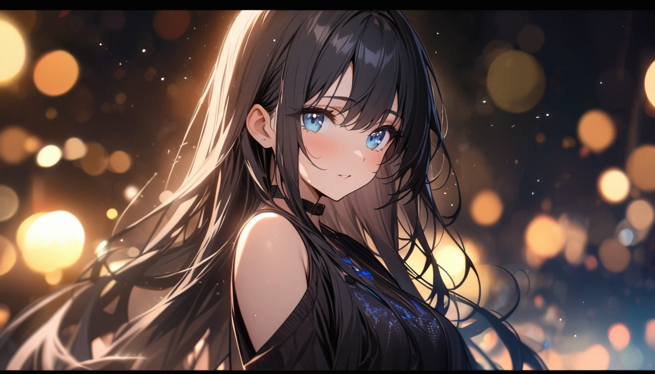 Full resolution, Highest quality, masterpiece, Full HD, Bokeh, particle Bokeh, Depth of written boundary, Beautiful girls, Very detailed, One girl, pretty girl, Black Hair, Long Hair, Blue water eyes