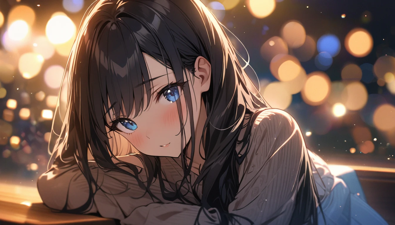 Full resolution, Highest quality, masterpiece, Full HD, Bokeh, particle Bokeh, Depth of written boundary, Beautiful girls, Very detailed, One girl, pretty girl, Black Hair, Long Hair, Blue water eyes