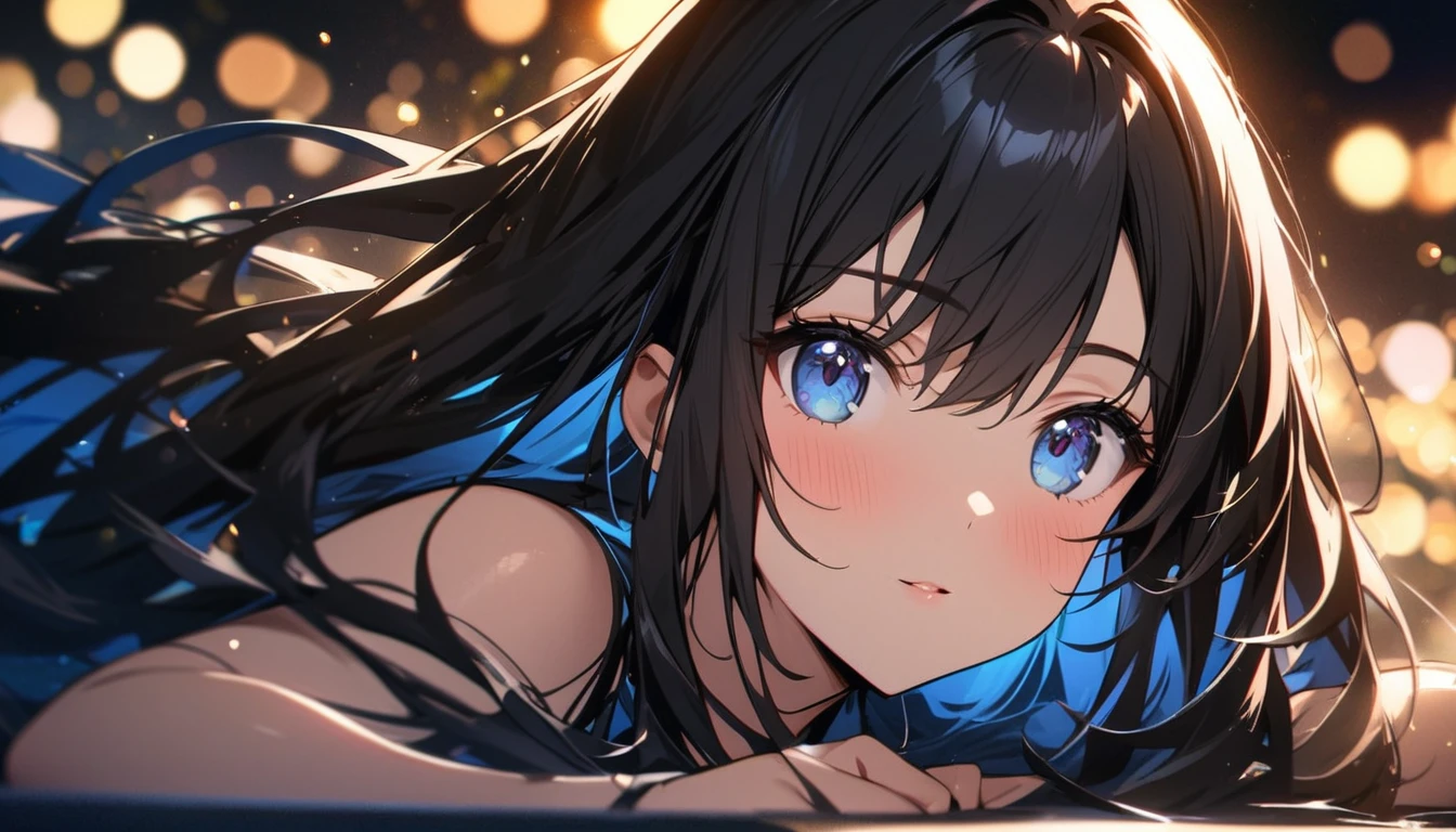 Full resolution, Highest quality, masterpiece, Full HD, Bokeh, particle Bokeh, Depth of written boundary, Beautiful girls, Very detailed, One girl, pretty girl, Black Hair, Long Hair, Blue water eyes