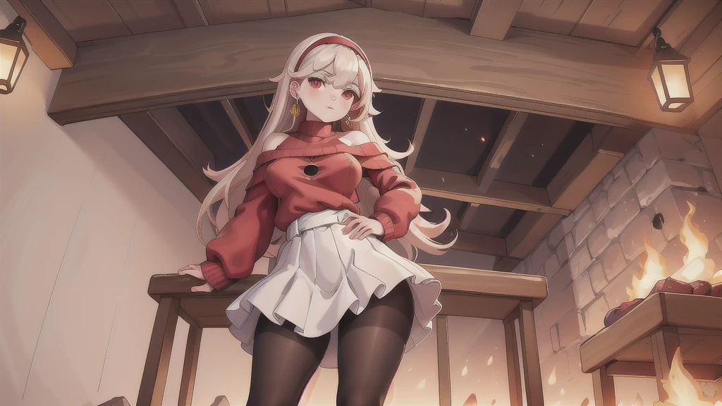 masterpiece, best quality, highres, bbyorf, long hair, white hairband, red eyes, gold earrings, large breasts, jewelry, off shoulder, red sweater, sweater dress, long sleeves, black pantyhose, cowboy shot, standing, from below, spread legs