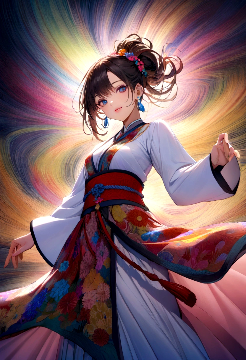 (masterpiece, Highest quality, Highest quality, Official Art, beautifully、aesthetic:1.2), (One girl:1.3),Copier (printer:1.5)Very detailed,(Fractal Art:1.1),(colorful:1.1)(Flowers:1.3),Best details,(Tangled:1.2), (Dynamic pose), (Abstract background:1.3), (Chinese traditional cloth:1.2), (Shiny skin), (Colorful:1.4), ,(Earrings:1.4),