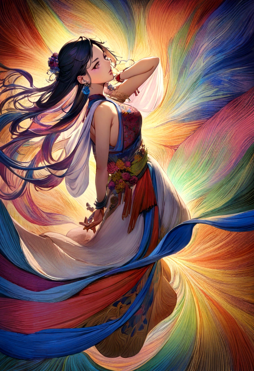 (masterpiece, Highest quality, Highest quality, Official Art, beautifully、aesthetic:1.2), (One girl:1.3),Copier （printer：1.5）Very detailed,(Fractal Art:1.1),(colorful:1.1)(Flowers:1.3),Best details,(Tangled:1.2), (Dynamic pose), (Abstract background:1.3), (Chinese traditional cloth:1.2), (Shiny skin), (Colorful:1.4), ,(Earrings:1.4),