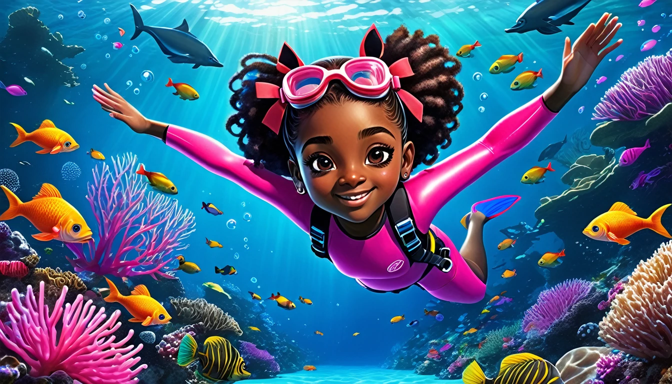 Create a vibrant underwater scene featuring a kid-friendly avatar of a young girl named Arya with dark skin, hair styled in afro puffs with pink and red bows. Arya is swimming underwater, wearing scuba gear including a pink wetsuit, blue overalls, goggles, snorkel, and pink flippers. The underwater environment is lively and colorful, filled with marine life such as fish, coral, and bubbles. Arya has a playful demeanor with large, expressive eyes and a friendly smile.