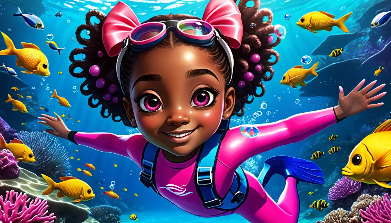 Create a vibrant underwater scene featuring a kid-friendly avatar of a young girl named Arya with dark skin, hair styled in afro puffs with pink and red bows. Arya is swimming underwater, wearing scuba gear including a pink wetsuit, blue overalls, goggles, snorkel, and pink flippers. The underwater environment is lively and colorful, filled with marine life such as fish, coral, and bubbles. Arya has a playful demeanor with large, expressive eyes and a friendly smile.