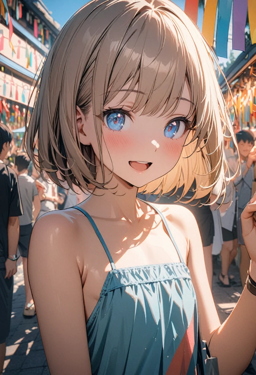 1 girl, 18yo, (flat chest: 1.5), blue eyes, light brown hair, bob cut, summer outfit, smile, open mouth, tanabata festival, large shopping arcade, Tanabata decorations, lots of Tanabata streamers, crowds in the background, upper body, 8k, RAW photo, best quality, masterpiece, extremely detailed 8k wallpaper, ultra-detailed, best shadow, detailed background, beautiful detailed face, beautiful detailed eyes, nice hands, perfect hands