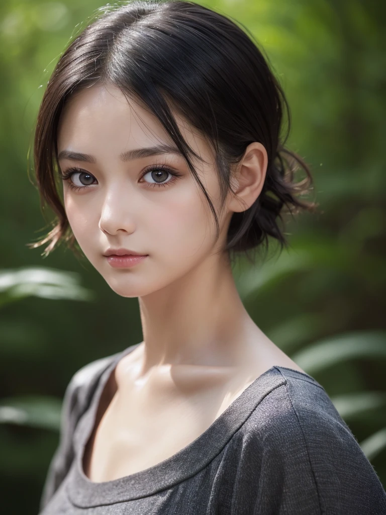 One Girl，(1人のとてもcute女の子:1.3)，masterpiece，Highest quality，High resolution，From below，Low - Angle，Photorealistic，RAW Photos，Ray Tracing，beautiful girl，(:1.3)，cute，Big eyes，(detailed pupils:1.2)，(The face is facing forward:1.3)，Cute nose，Beautiful nose，Upturned nose，Fuller lips，Short black hair，ponytail，short hair，Detailed eyelashes，Thin eyebrows，Very fine grain definition，(Symmetrical eyes:1.3)，(Face close-up，Face Focus:1.0)，Small breasts，Short neck，Off the shoulder，People emerge，Dark Background，forest，Portrait，View Viewer，Upper Body，Cinema Lighting，High resolution，Very detailed