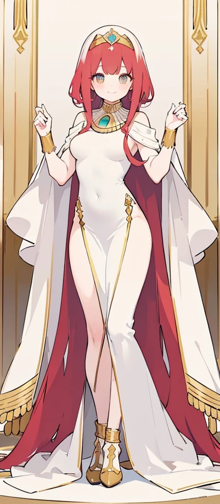 a beautiful long red-haired girl wearing an elaborate egyptian queen's costume, sexy white egyptian dress with colored striped fabric hem, beautiful slim thighs, full body view, short hair, pinky eyes, in the style of an egyptian golden cat, white background, photorealistic, 8k, high quality, detailed, vivid colors, dramatic lighting, Wearing high gold shoes, cute face is obvious, (blank white background with no other objects) Slim body, Standing straight pose, both free hand poses (smile) The Egyptian queen's dress is perfect (a perfect long soft white shawl) with gold bracelets