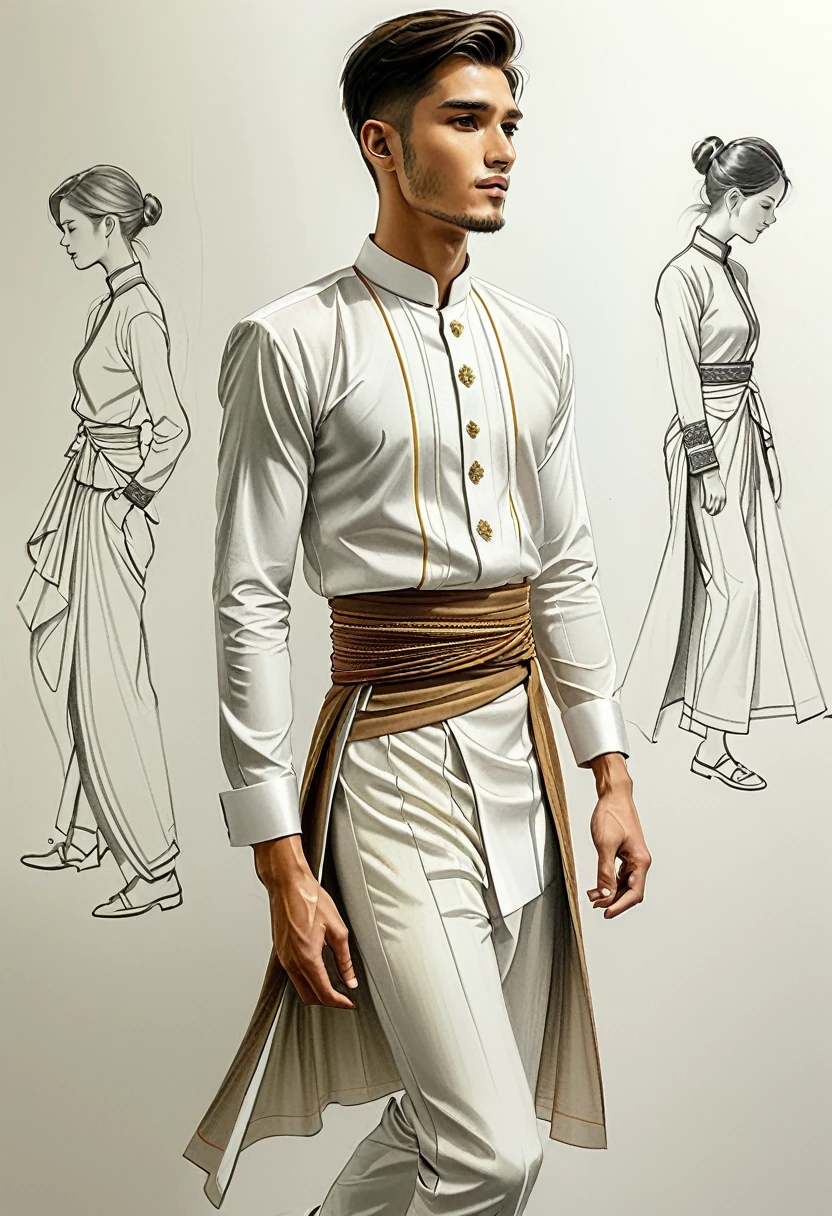 candid fashion illustration of two young man and women, 20 year old, adorned in a meticulously crafted North Thai traditional outfit, ((showcase fashion in a Northern Thai style, cotton handwoven in white color)), simple elegant and luxury style, The man wears a simple long-sleeved white mandarin collar shirt, paired with white Tailor pants, and shoes, The woman complements him with white tubular skirt or Sarong with simple patterns, ankle-length, fitted intricately decorated blouse that complements the skirt. Captured in a low angle, ((full-body image)), stands gracefully against the white backdrop. Their attire simple with intricate embroidery and white accents, each element carefully chosen to reflect the rich Lanna cultural heritage, ((white studio background)), realistic color pencil lines, perfect drawing, charcoal lines, fading sketch, quick Sketch, soft light, fashion illustration, fashion sketching