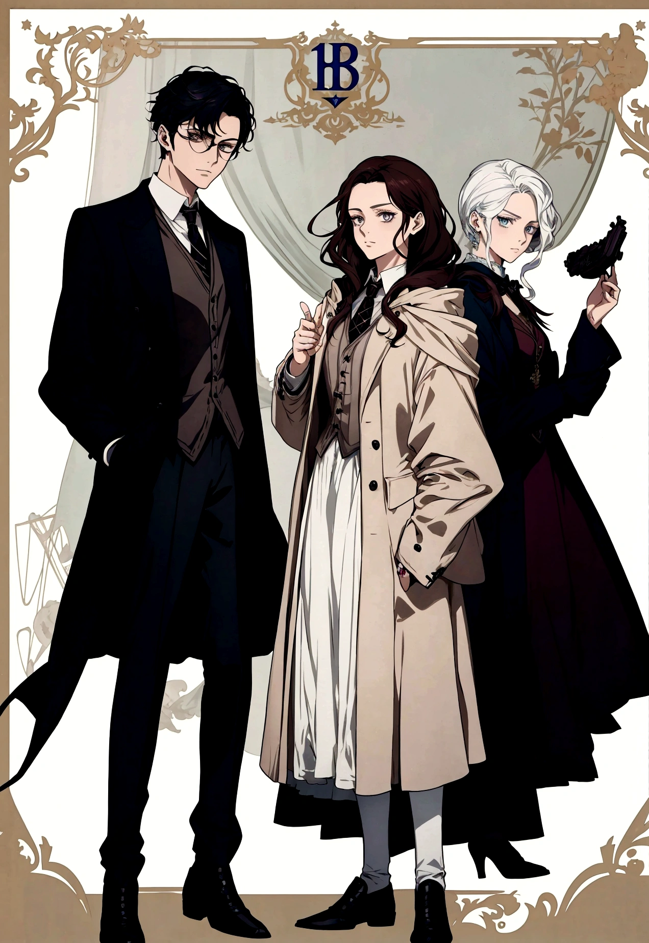 anime characters dressed in victorian clothing and holding guns, anime key visual of elegant, key art, official fanart, style arcane tv series, ( ( wearing a long coat ) ), spy x family, official character illustration, official art, arcane style!!!!!, official character art, key visual, dark academia, official illustration, detailed fanart, style of arcane tv series