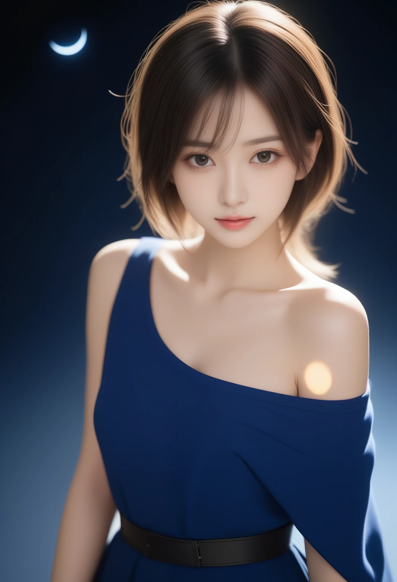 8K, Ultra-high resolution, Highest quality, masterpiece, 三分割法によるphotograph,Surreal, photograph, 1 Girl, (16 years old:1.3), pretty girl, Cute face, Beautiful eyes in every detail, 細かくdetailedに,masterpiece,, One Girl:1.2, Japan Female Announcer, delicate and dynamic, battlefield, Small faint lights and flying fireflies, night, Starry Sky, milky way, nebula, shooting star, Very delicate facial expressions, Delicate eye depiction, Upper body close-up, Only sexy women, Healthy body shape, 16 years oldの女性, Final Fantasy XVI Jill Warrick, Height: 170cm, Jill Warrickのコスチューム, Blue long skirt, Long brown leather boots, Beautiful leg line beauty,Captivating thighs,Full of sex appeal,Sensual,A carefree smile,Heal the heart,Short ponytail、beauty,Long neck、Laugh a little、Please close your mouth and laugh、(((Ideal body type))),A cup small breasts :2,、Portraiture:2、Perfect Anatomy、鮮明なdetailed、detailed、Surreal、Light and shadow,Strong light